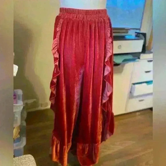 Velvet Slit Ruffled Autumn Wide Leg Boho Pants - Picture 4 of 9